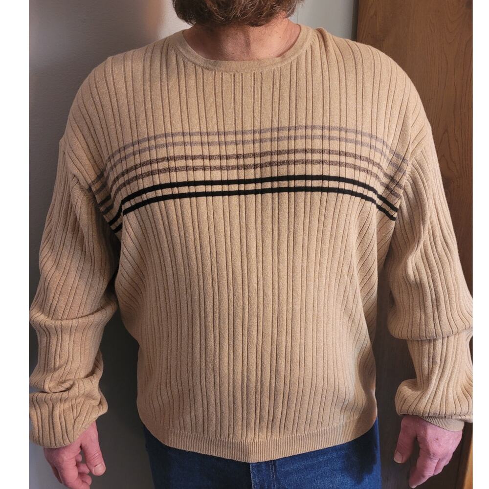 Vintage Dockers Mens XL Ribbed Cotton Sweater Tan Stripe Dadcore Normcore 90s